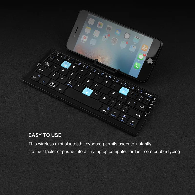 Mini Foldable Bluetooth Keyboard – Wireless, 3-Device Support, Rechargeable with Stand