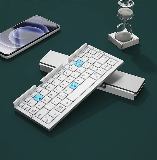 Mini Foldable Bluetooth Keyboard – Wireless, 3-Device Support, Rechargeable with Stand